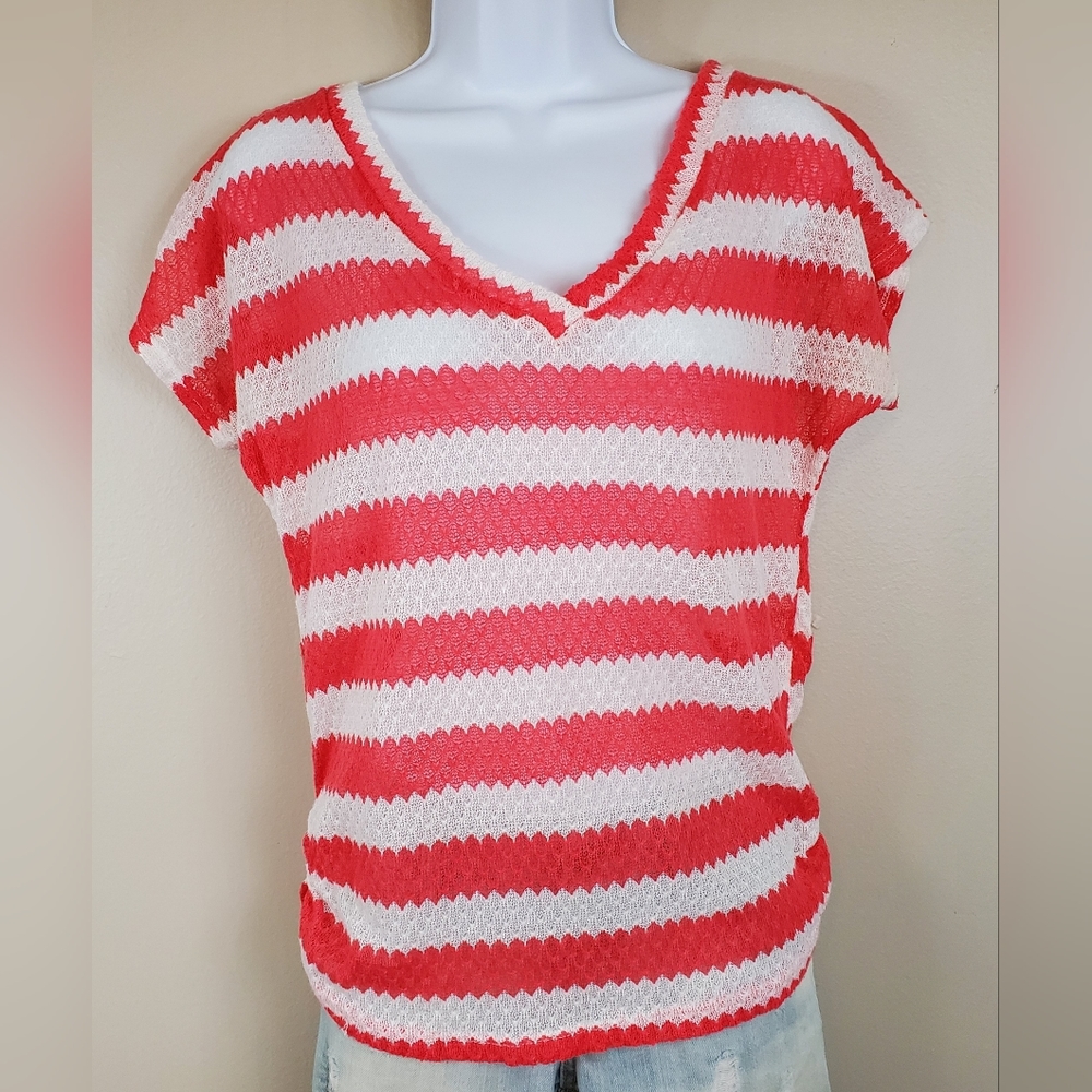 Tres' Bien Bright Pink and White Striped Short Sleeve Sweater
